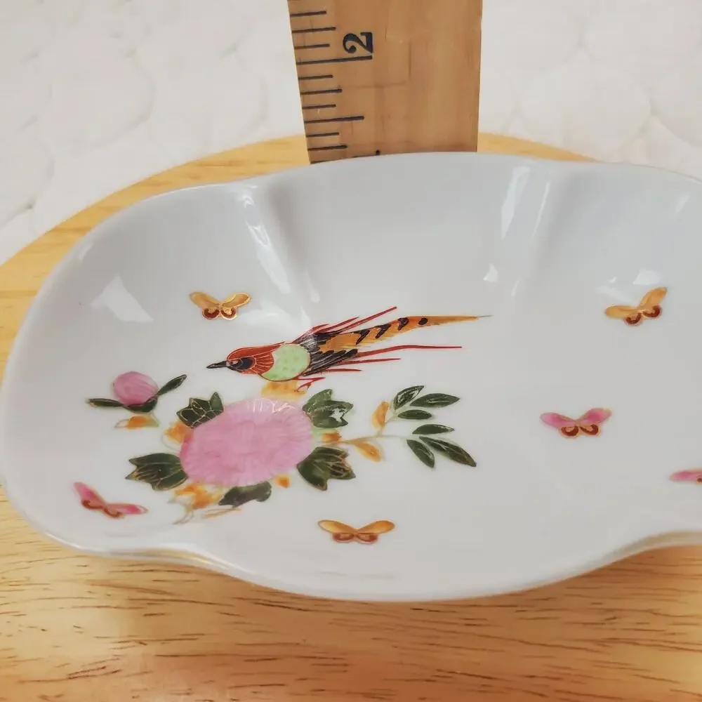 Vintage Trinket Dish Japan Made Bird Flowers Butterflies White & Gold Highlights